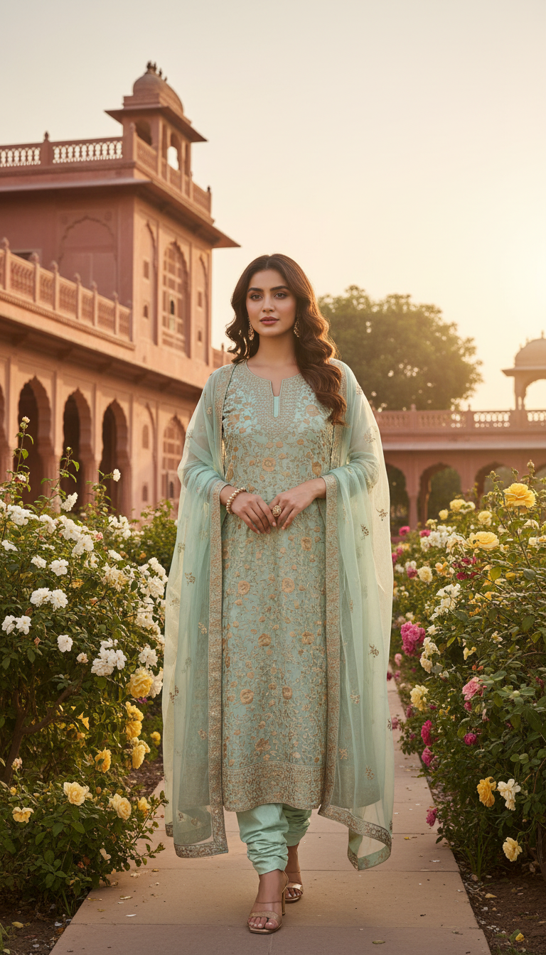 Seafoam Gold Aari Embroidered Suit Set (Unstitched)