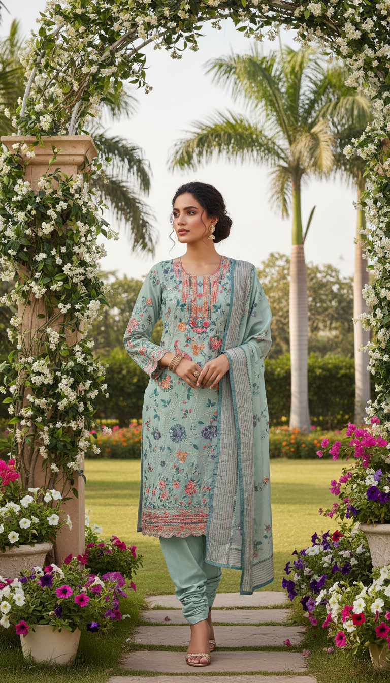 Seafoam Serenity Aari Embroidered Suit (Unstitched)