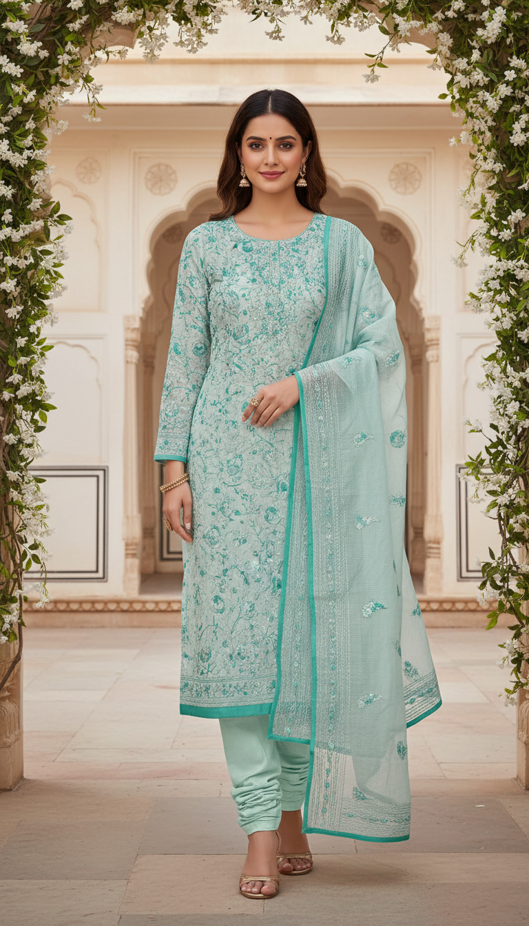 Soft Pastel Blue Floral Panel Kurta Set