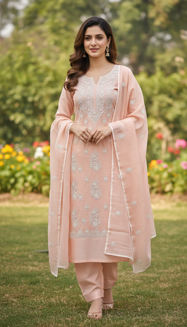 Peach Blossom Neck Detail Kurta Set (Unstitched)
