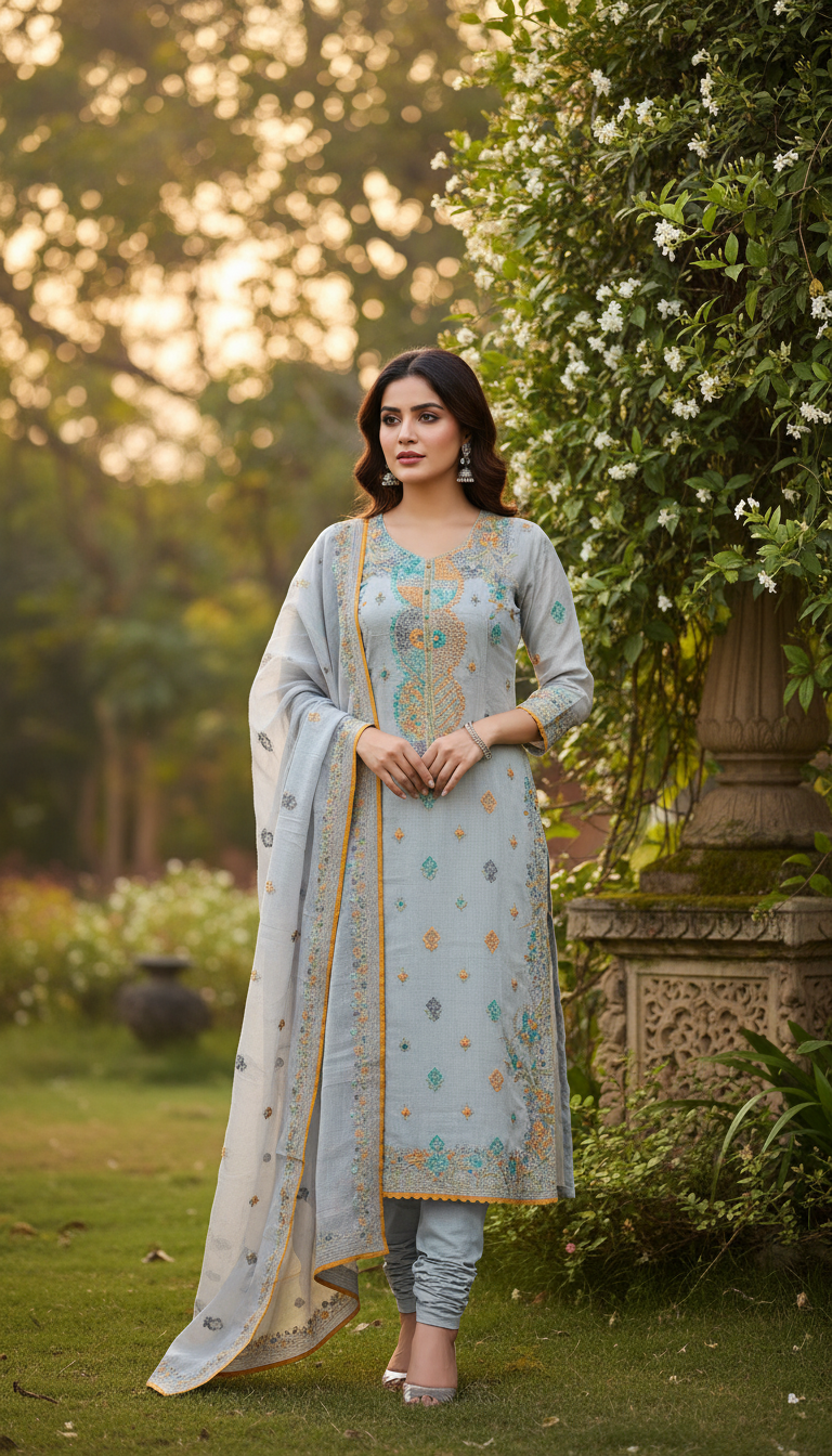 Powder Blue Floral Panel Kurta Set