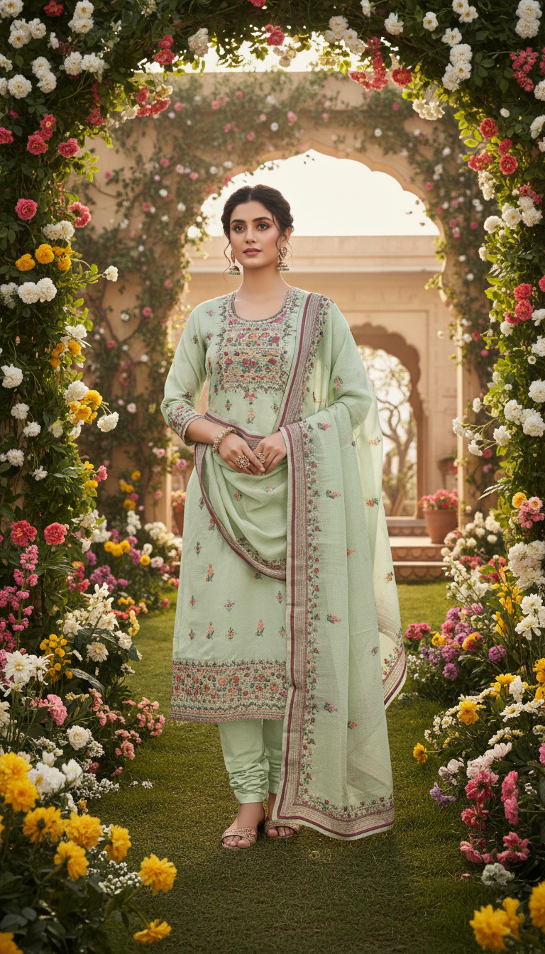Mint Orchard Floral Embroidered Suit Set (Unstitched)