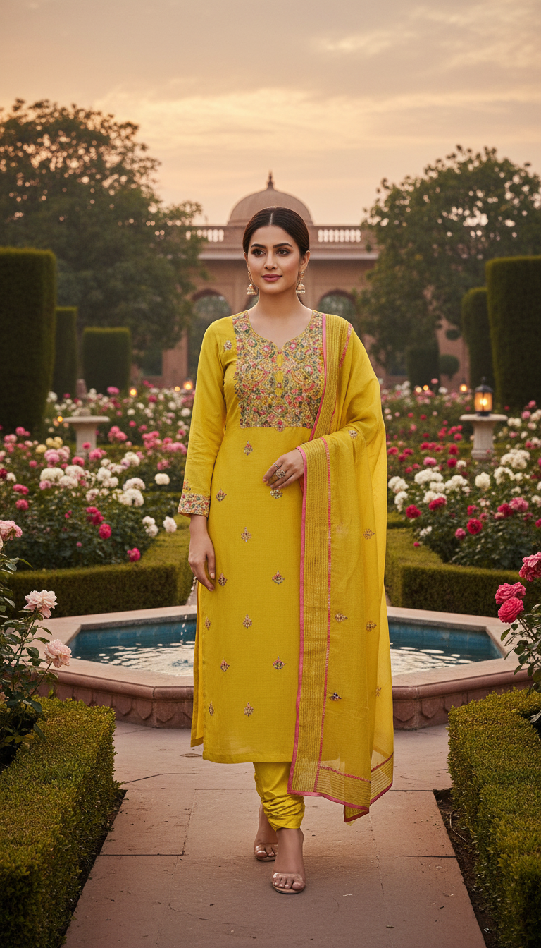 Bright Yellow Threadwork Kurta Set (Unstitched)
