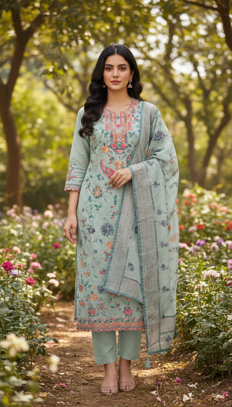Seafoam Serenity Aari Embroidered Suit (Unstitched)