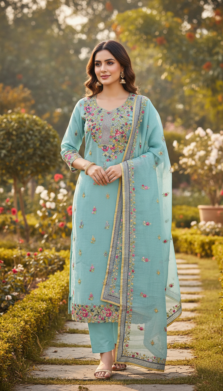 Teal Muslin Aari Embroidered Suit (Unstitched)
