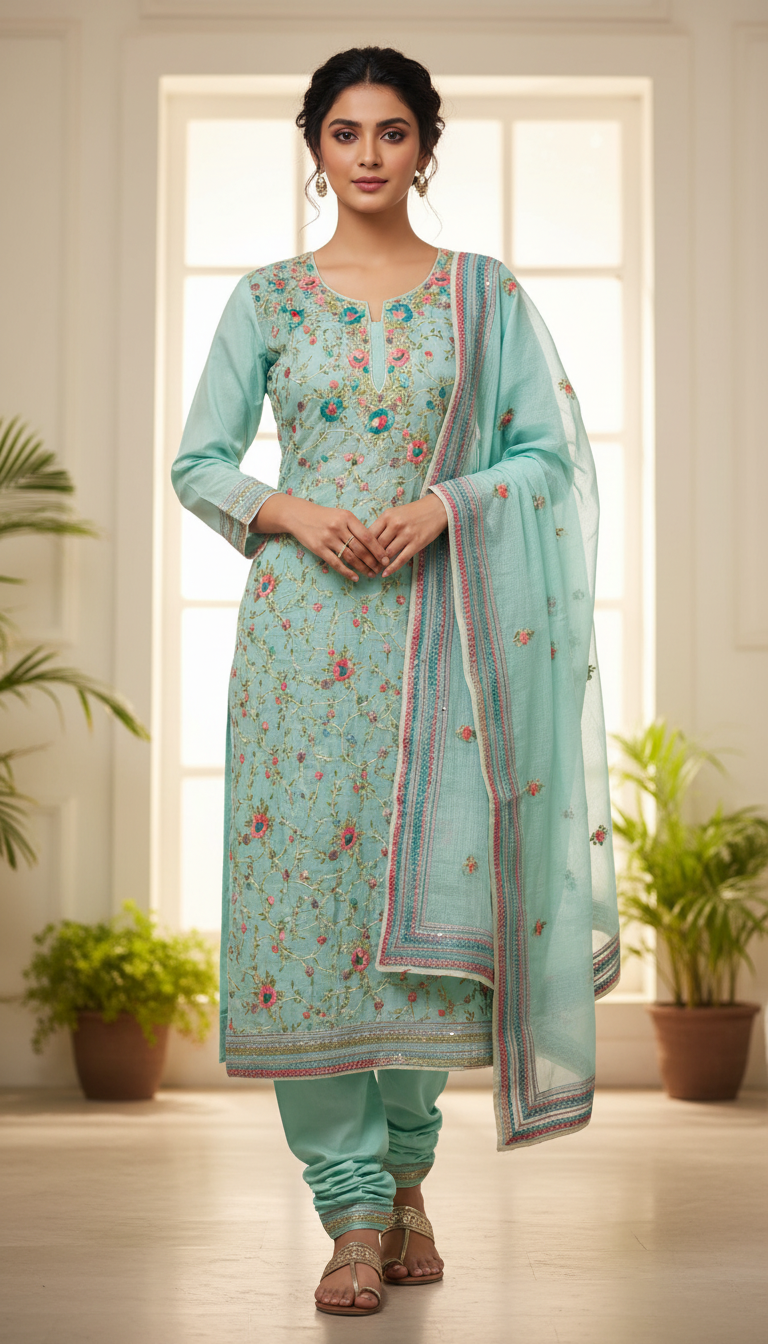 Aqua Blue Garden Jaal Kurta Set