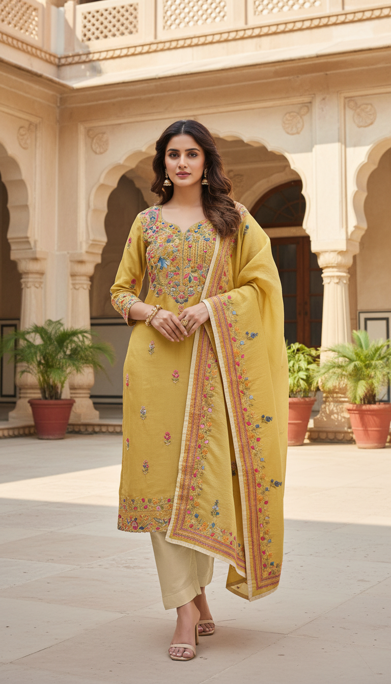 Ochre Garden Aari Embroidered Suit (Unstitched)
