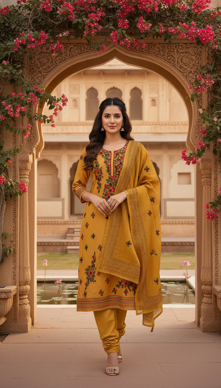 Amber Gold Aari Embroidered Suit Set (Unstitched)