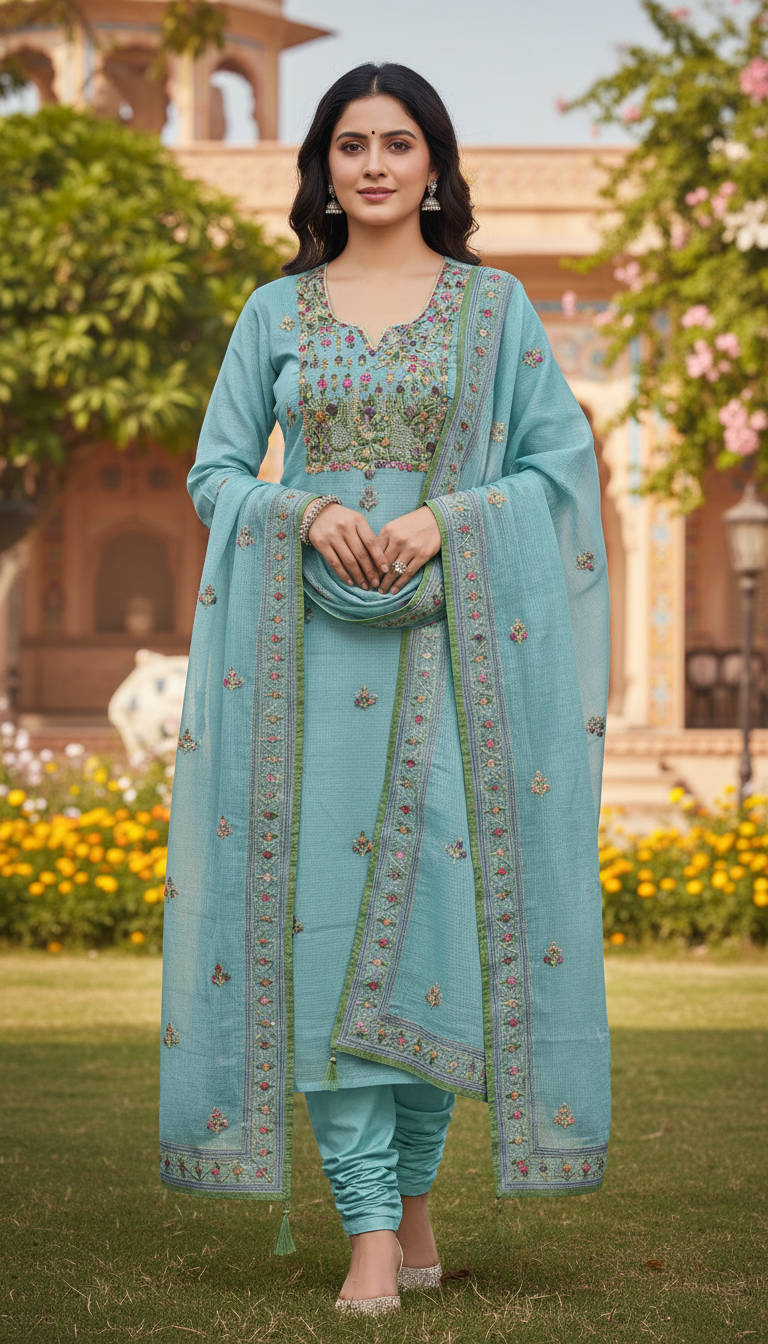Cerulean Blossom Aari Embroidered Suit (Unstitched)