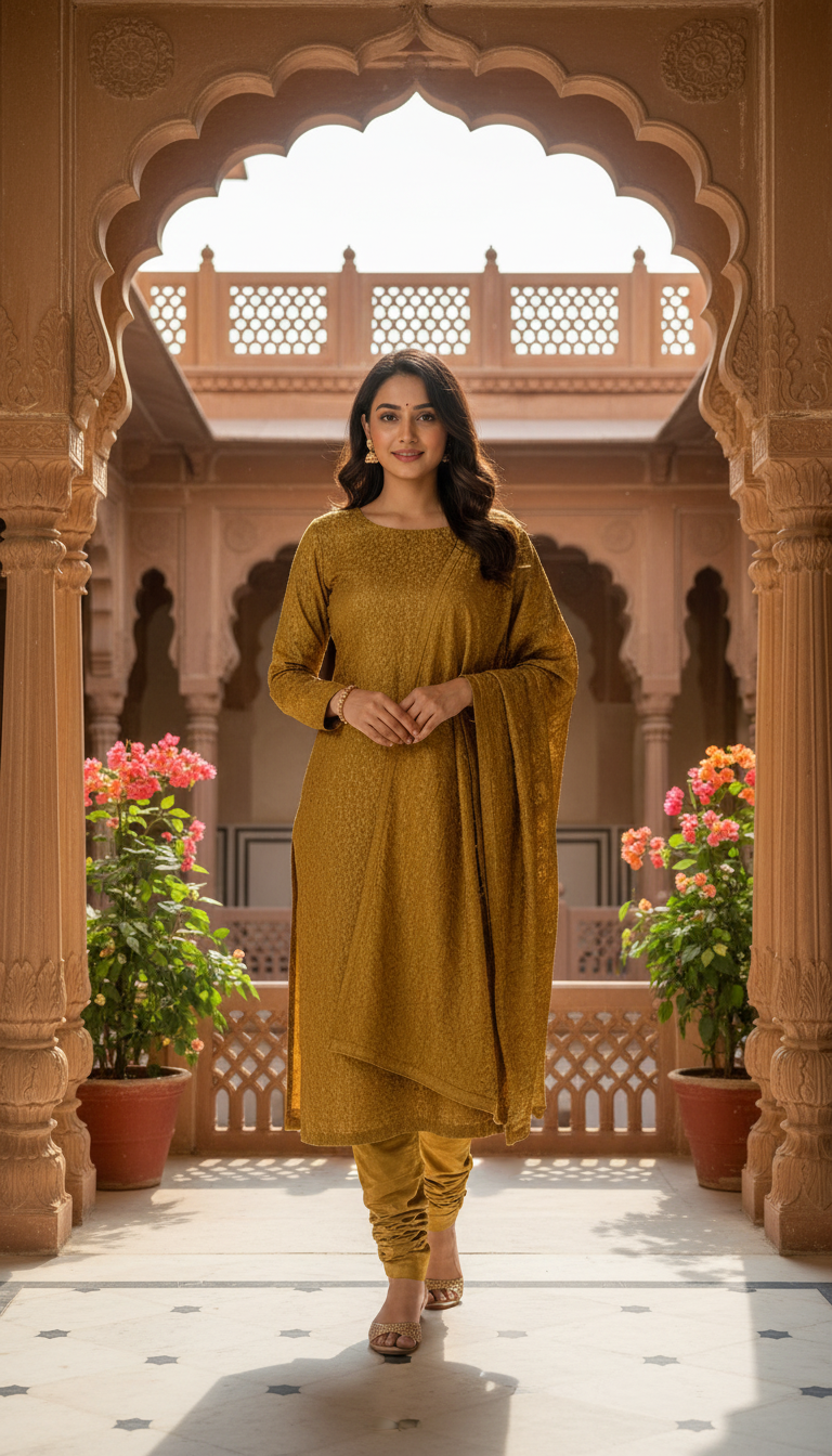 Mustard Textured Chanderi Suit Set (Unstitched)