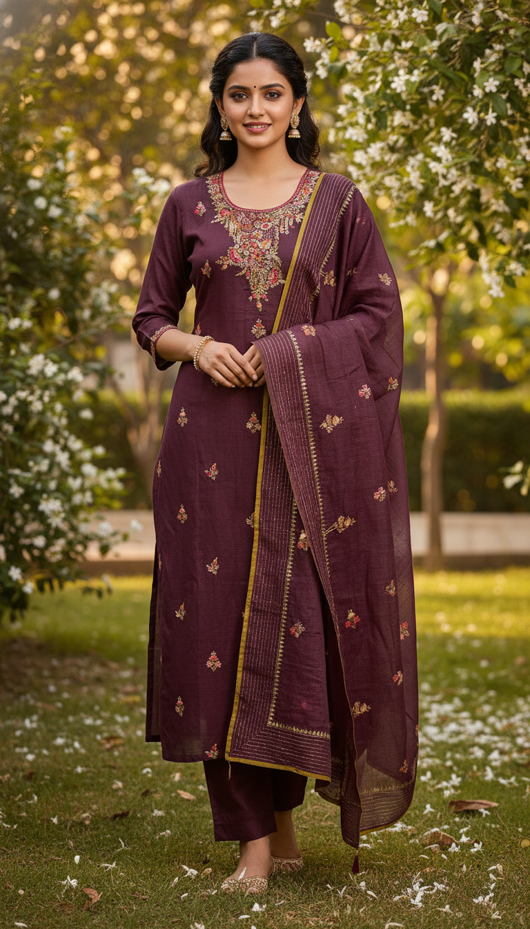 Wine Heirloom Aari Embroidered Suit (Unstitched)