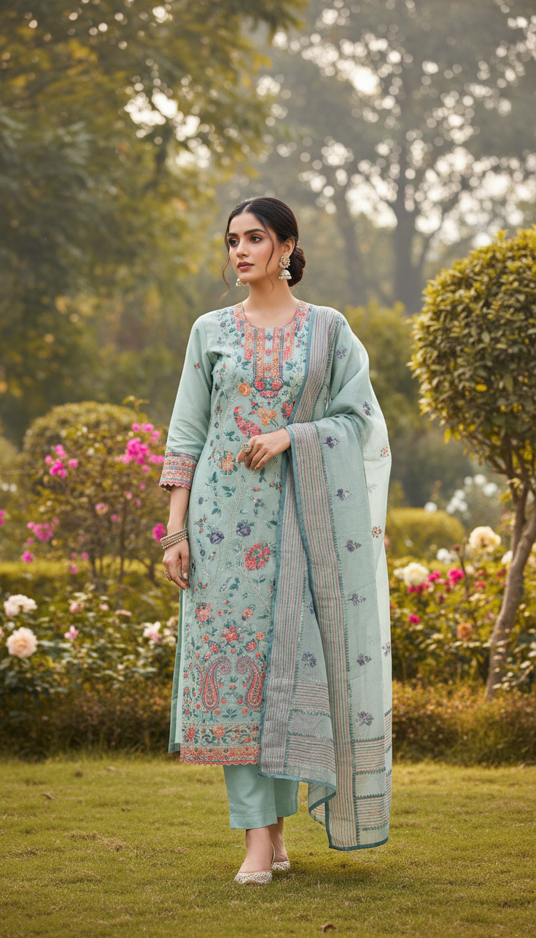 Seafoam Serenity Aari Embroidered Suit (Unstitched)