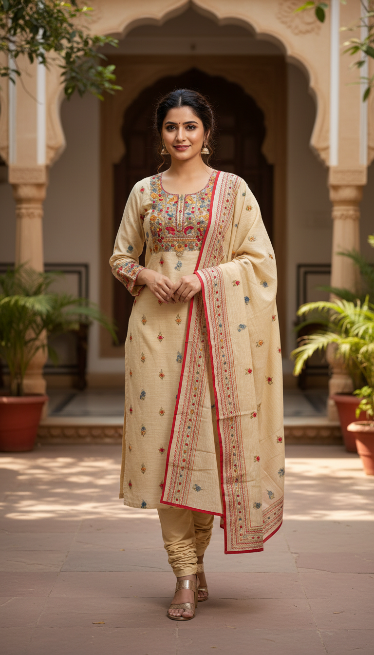 Beige Heritage Floral Embroidered Suit Set (Unstitched)