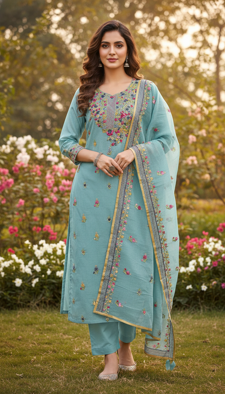 Teal Muslin Aari Embroidered Suit (Unstitched)