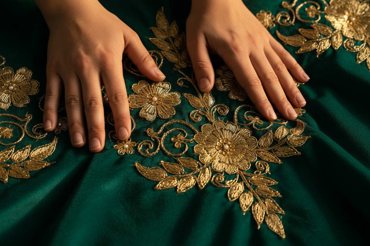 Teal fabric with golden embroidery close-up