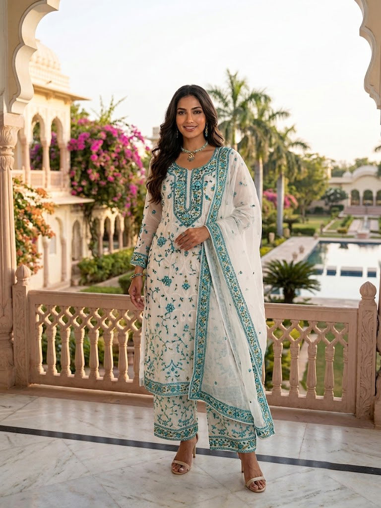 The Neelambari Ivory Embroidered Set