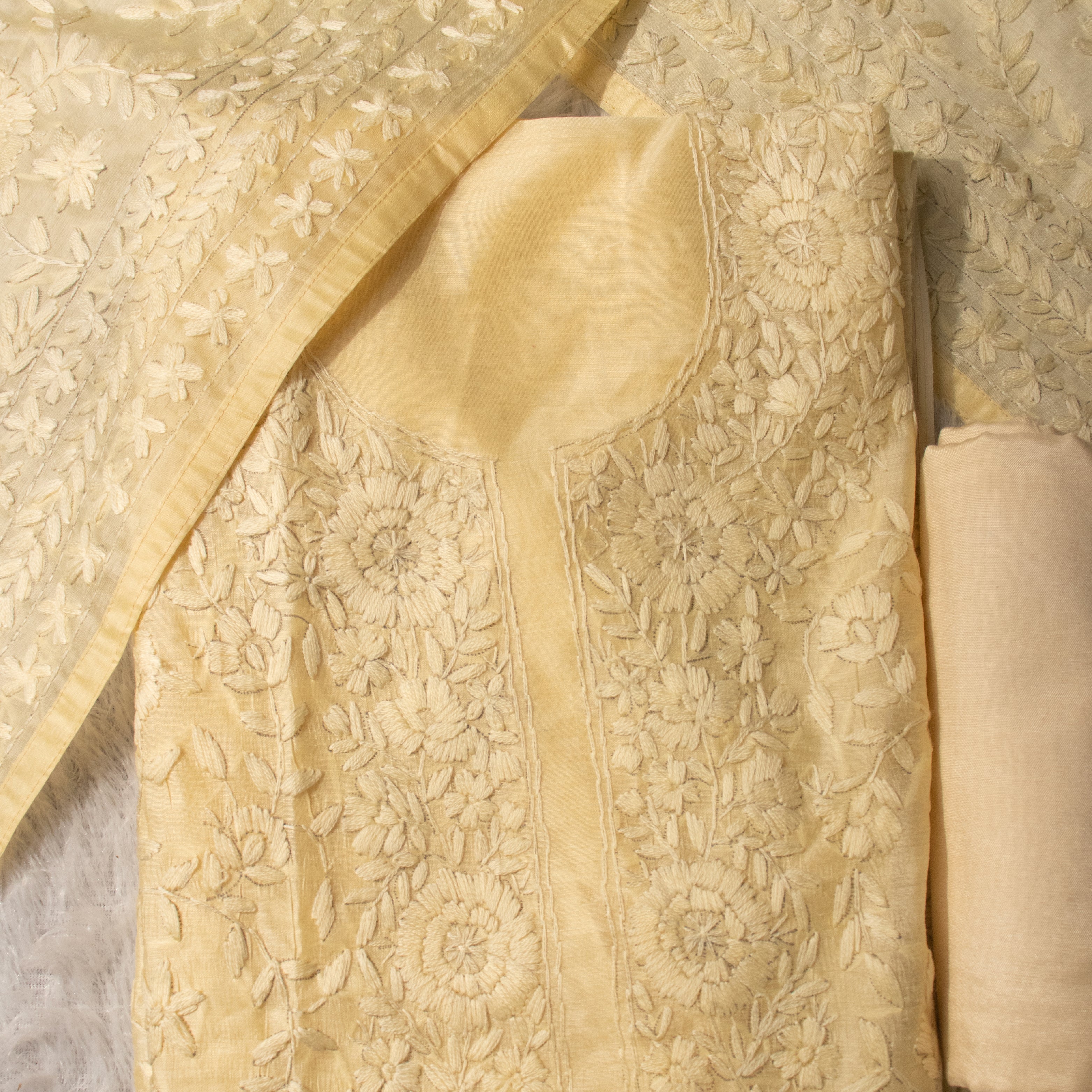 Chanderi Cotton Embroidered Unstitched Suit Set Yellow Ivory