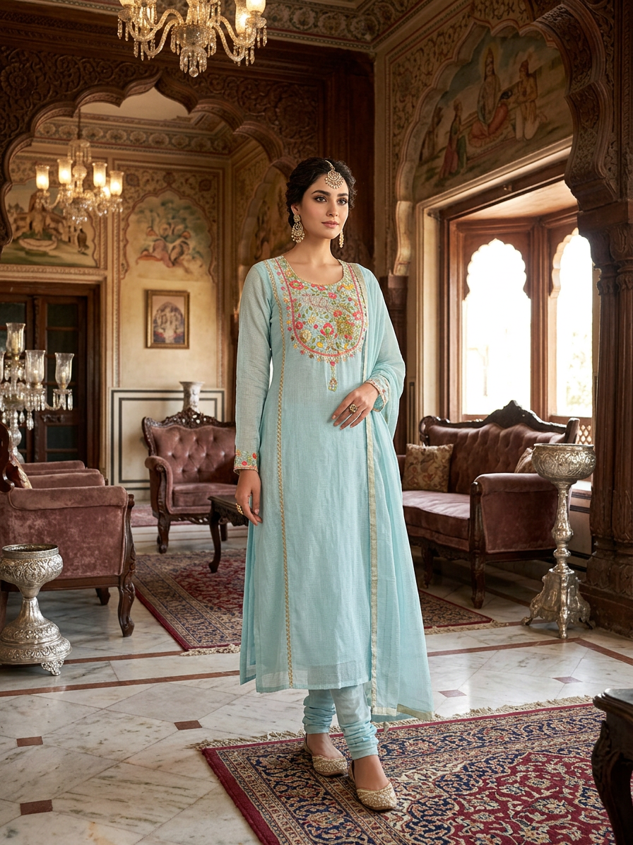 The Firoza Sky Garden Muslin Suit Set