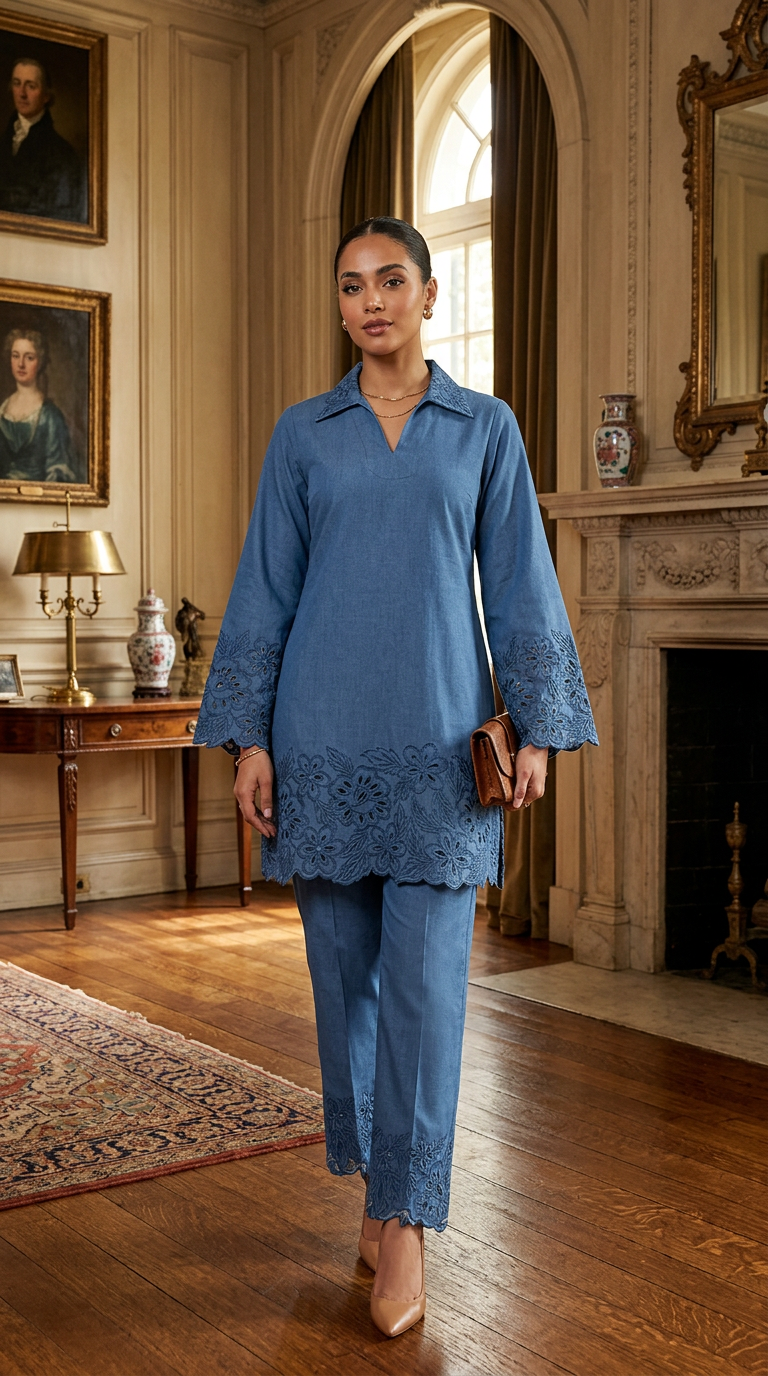 The Indigo Schiffli Collar Co-ord Set
