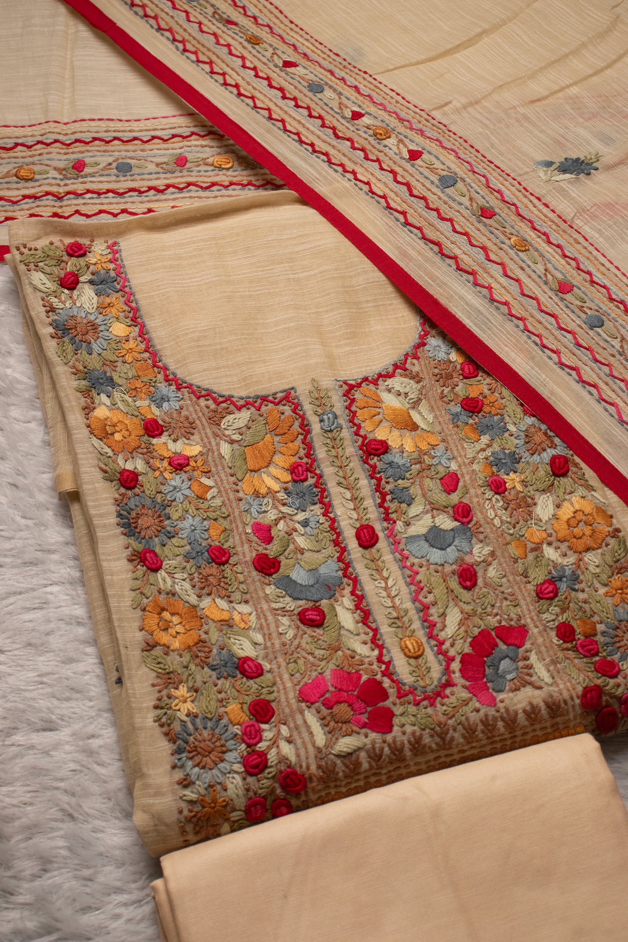 Beige Heritage Floral Embroidered Suit Set (Unstitched)