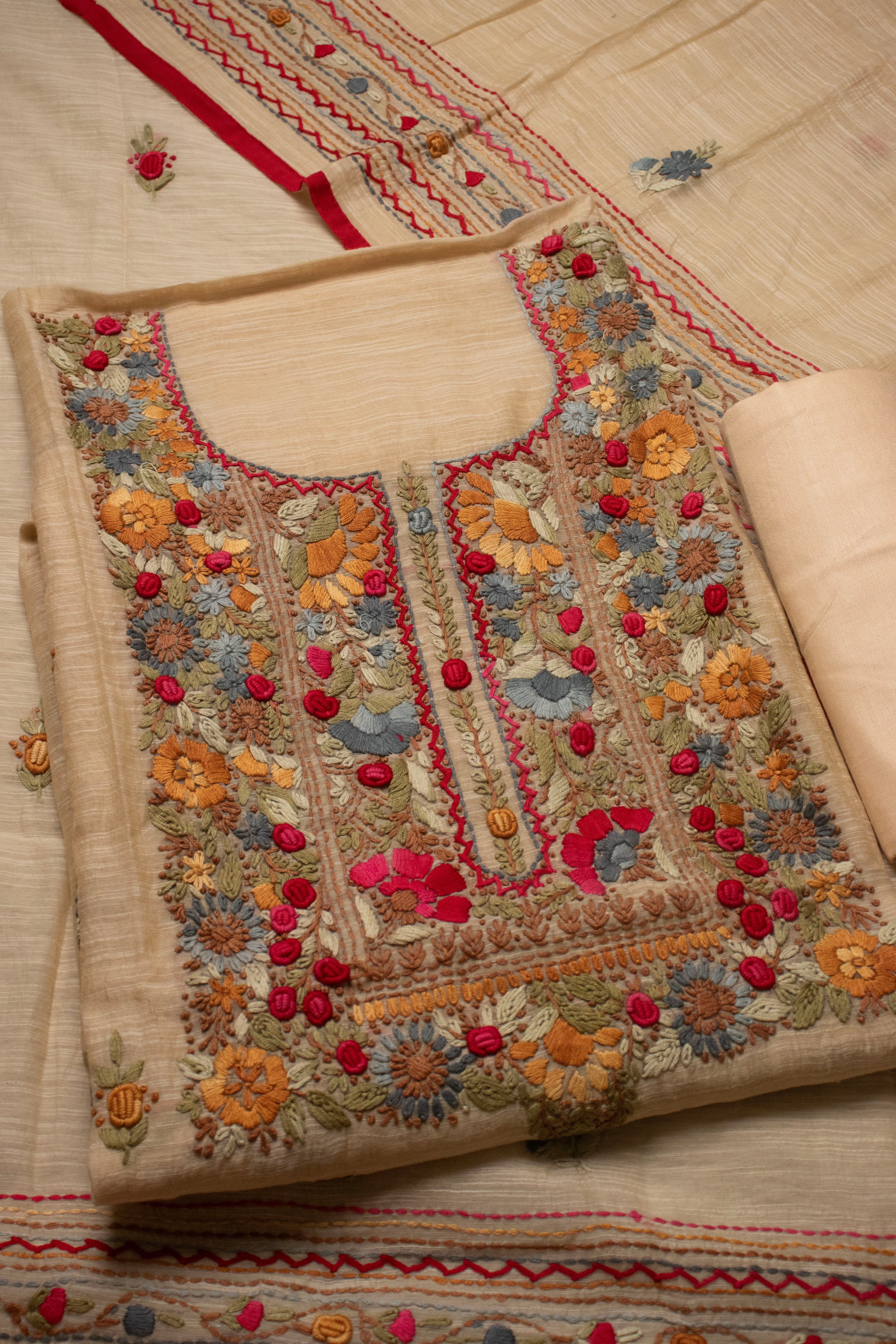 Beige Heritage Floral Embroidered Suit Set (Unstitched)