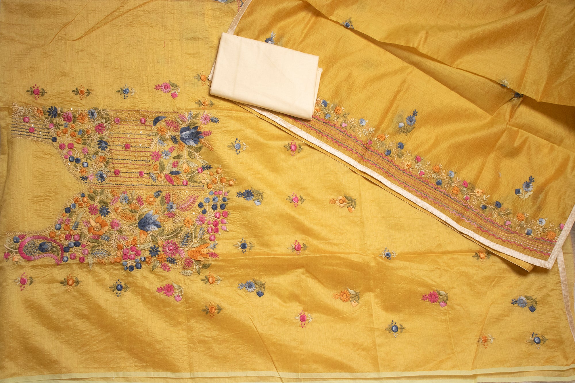 Mustard Gilded Vine Embroidered Suit (Unstitched)