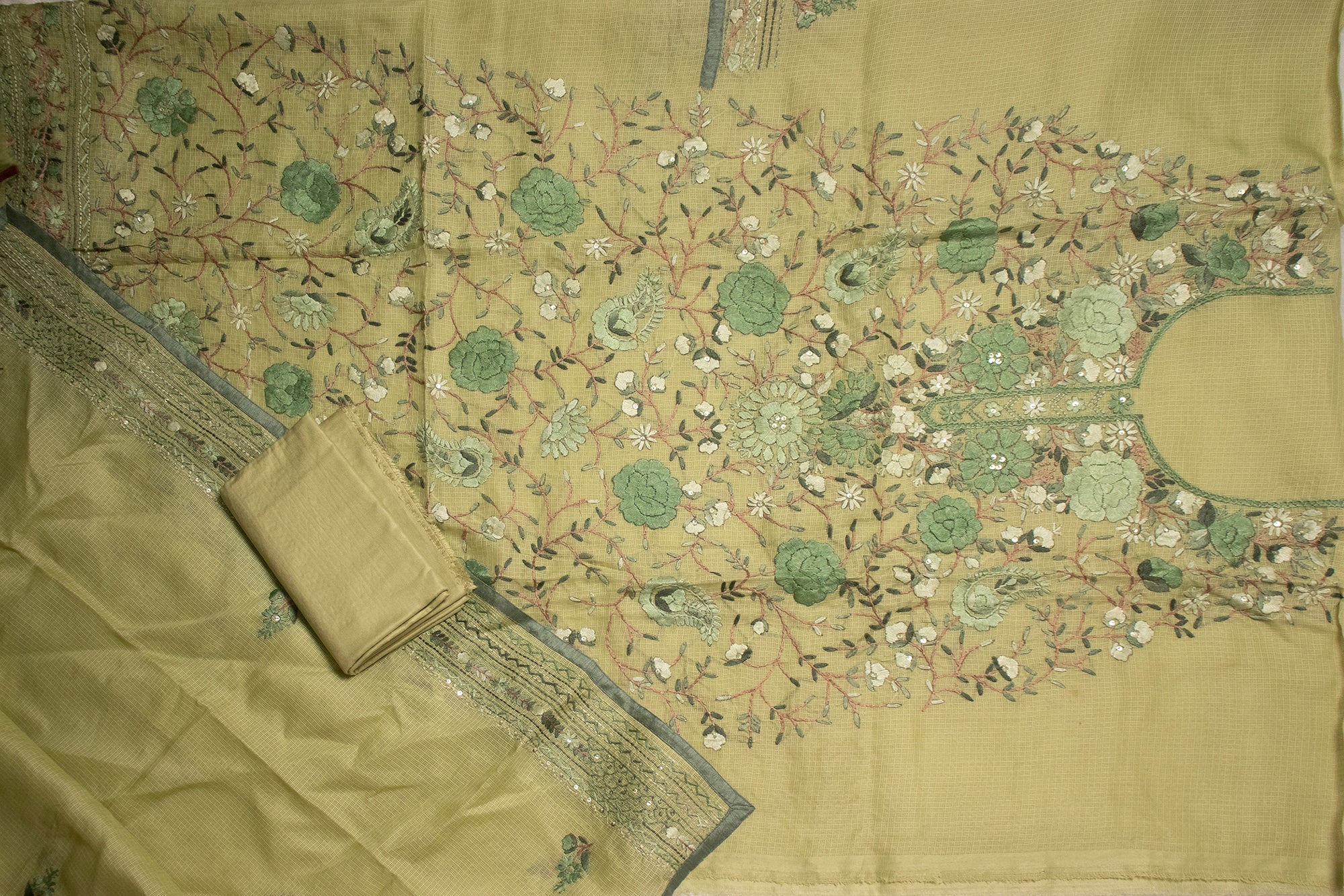 Pistachio Floral Jaal Embroidered Suit Set (Unstitched)