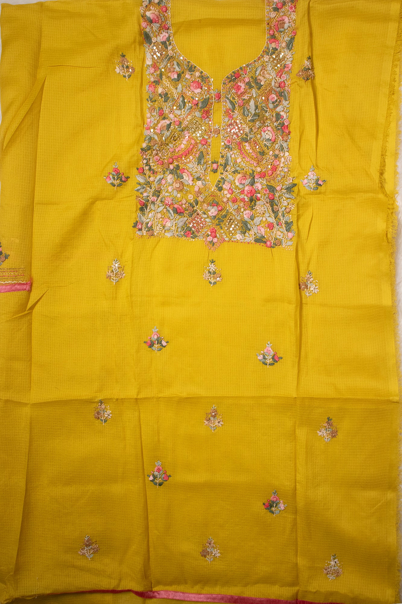 Bright Yellow Threadwork Kurta Set (Unstitched)