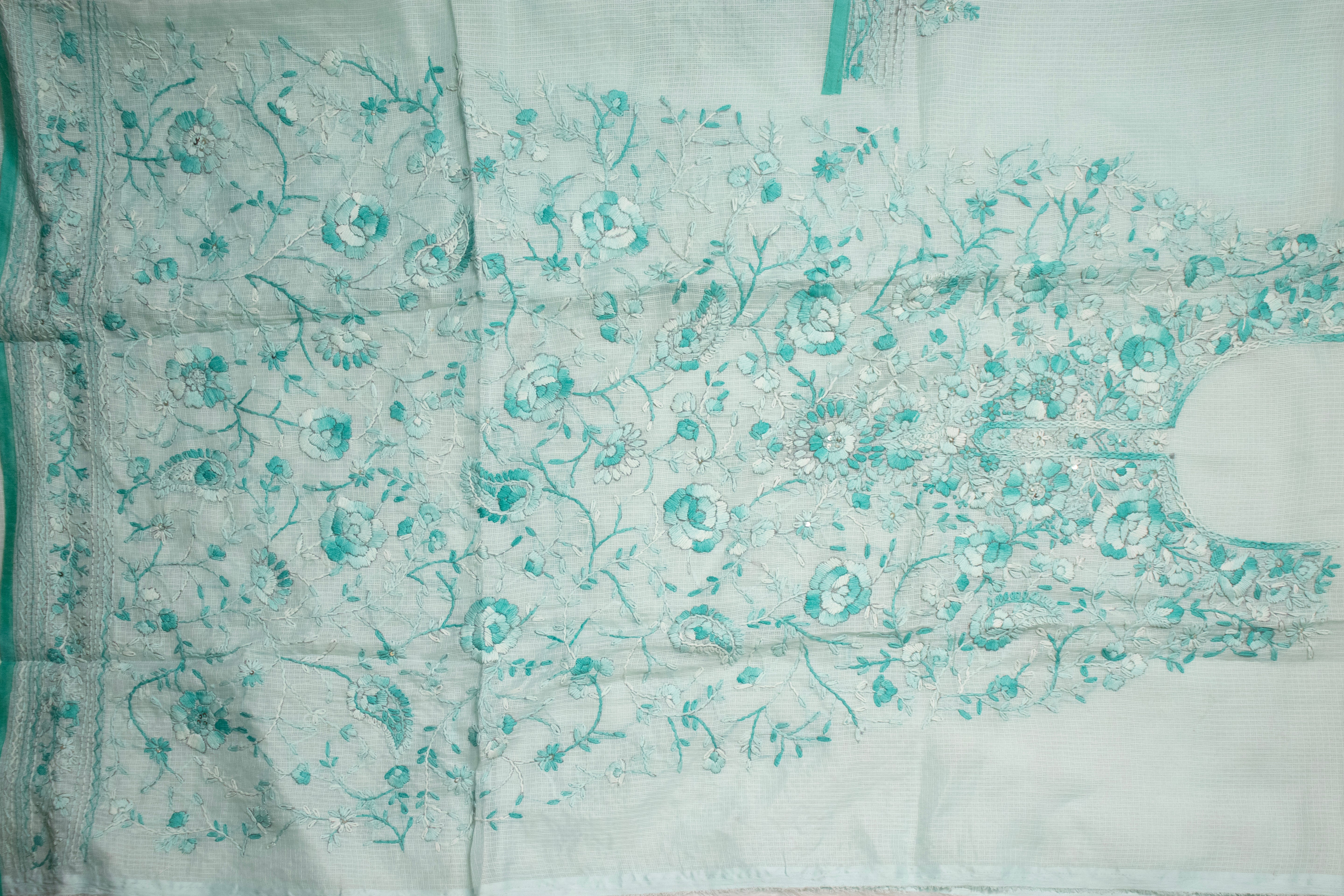 Soft Pastel Blue Floral Panel Kurta Set