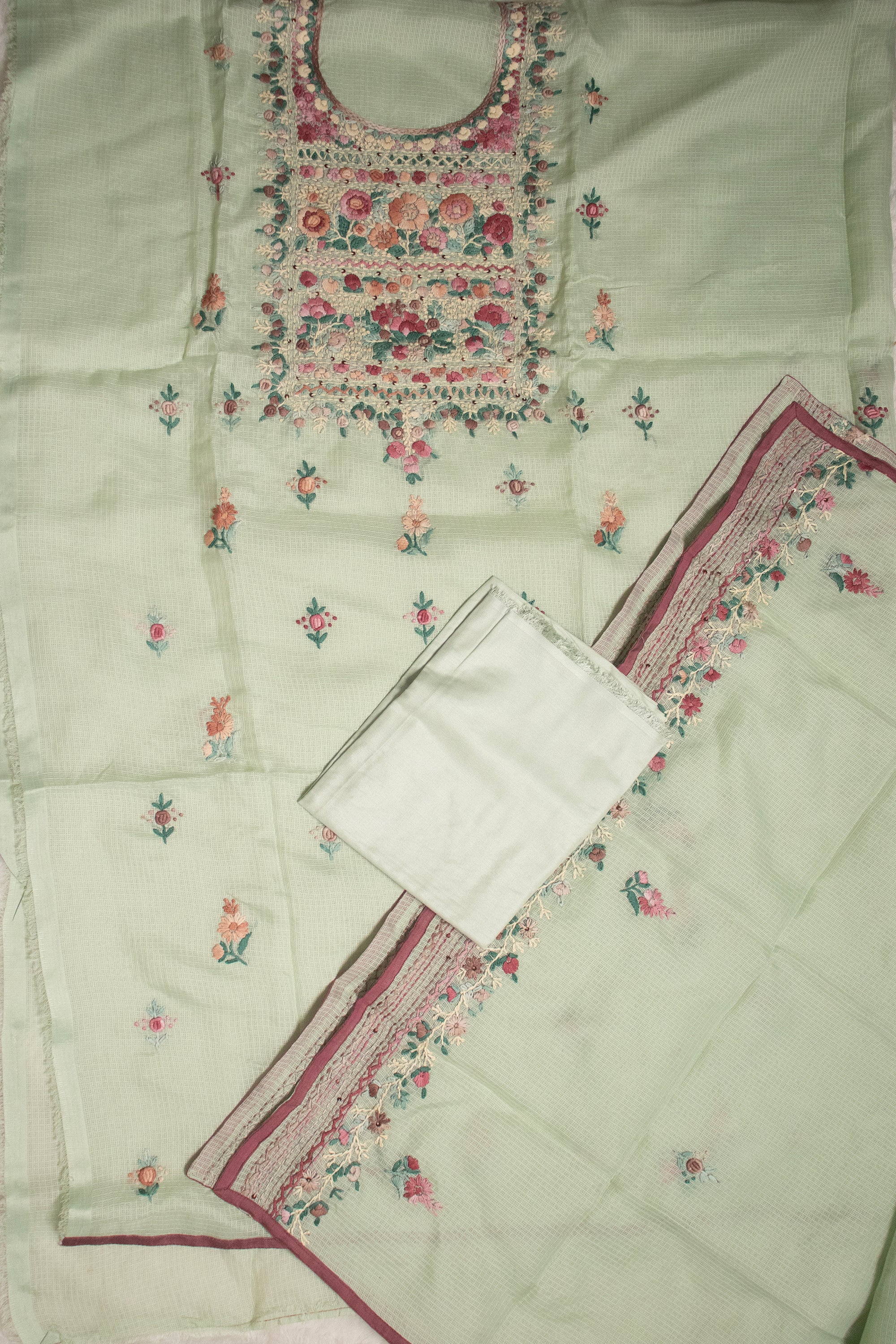 Mint Orchard Floral Embroidered Suit Set (Unstitched)