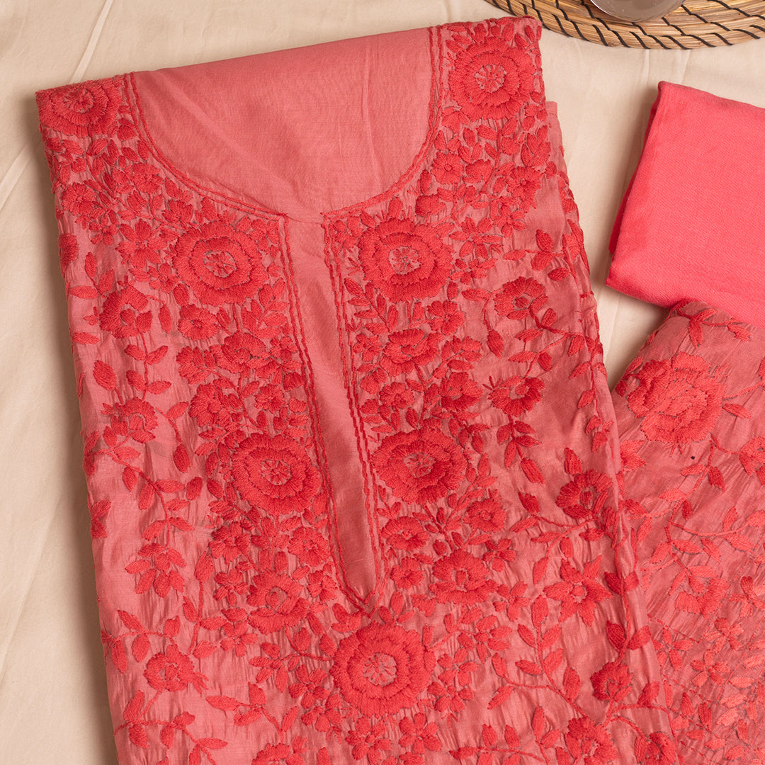 Blush pink self floral chanderi cotton embroidered unstitched suit set