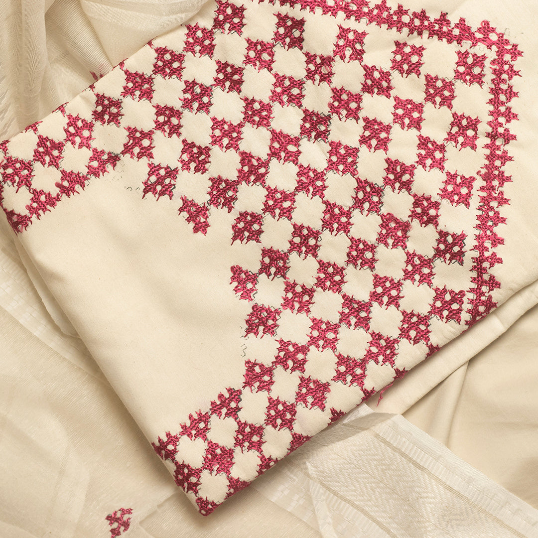 Sindhi Kadhai embroidered cream & Magenta unstitched suit