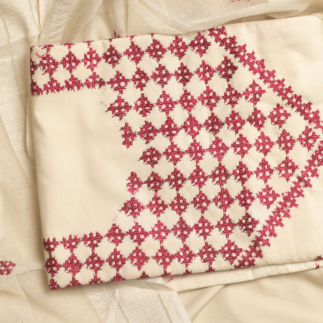 Sindhi Kadhai embroidered cream & Magenta unstitched suit
