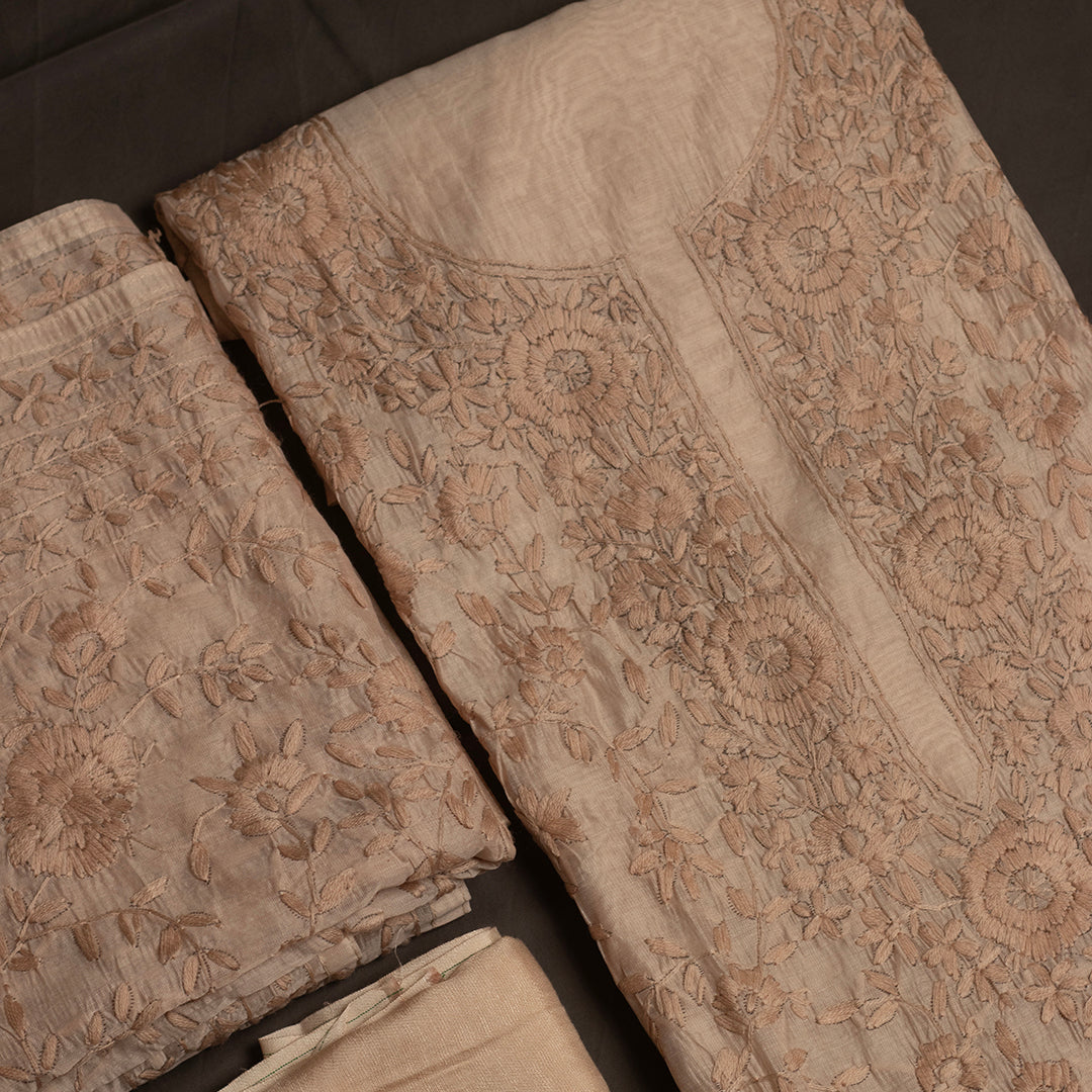 Beige self floral chanderi cotton embroidered unstitched suit set