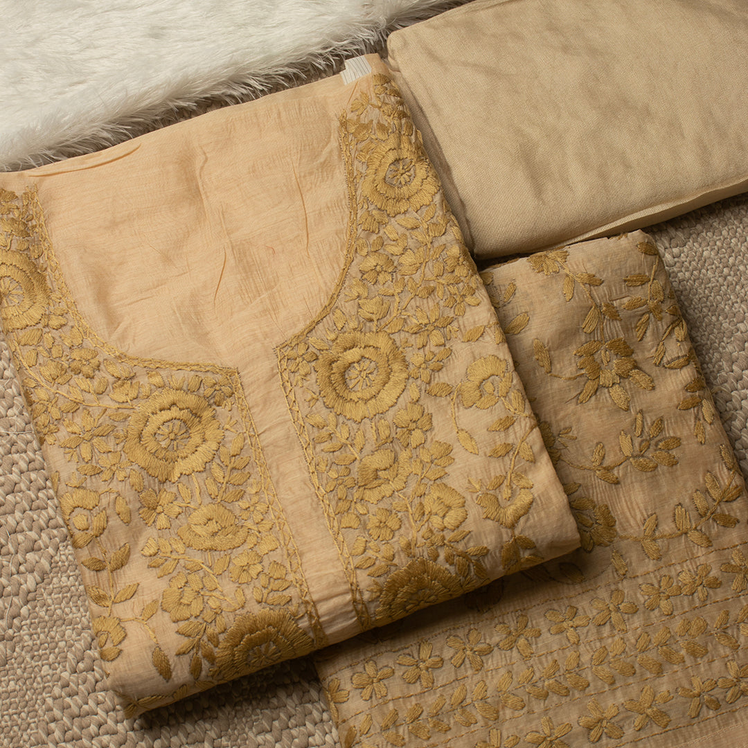 Beige self floral chanderi cotton embroidered unstitched suit set