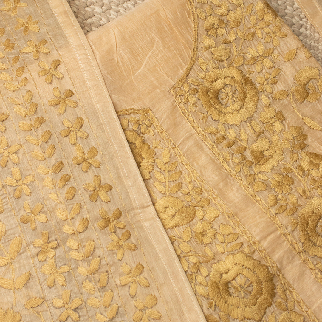 Beige self floral chanderi cotton embroidered unstitched suit set