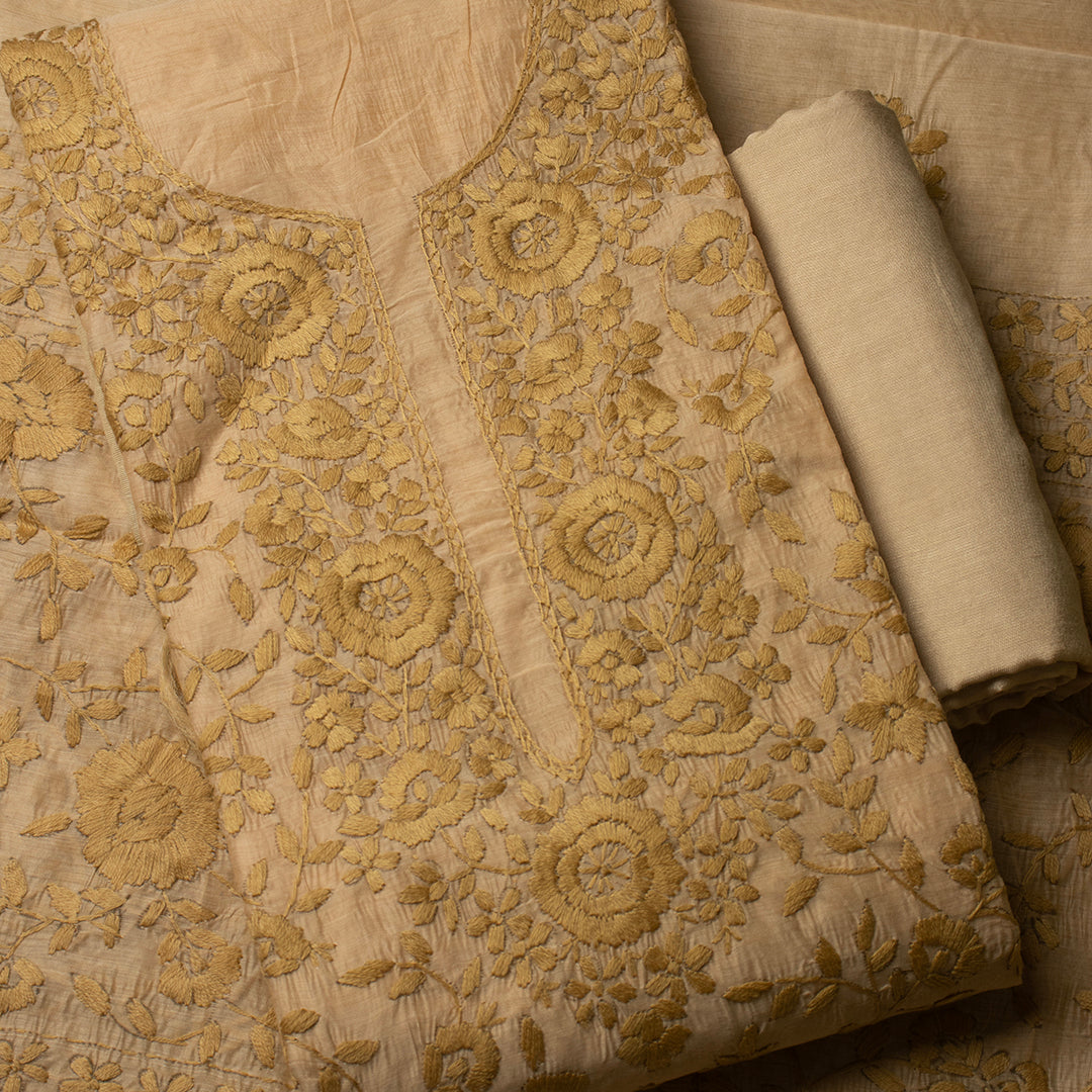 Beige self floral chanderi cotton embroidered unstitched suit set