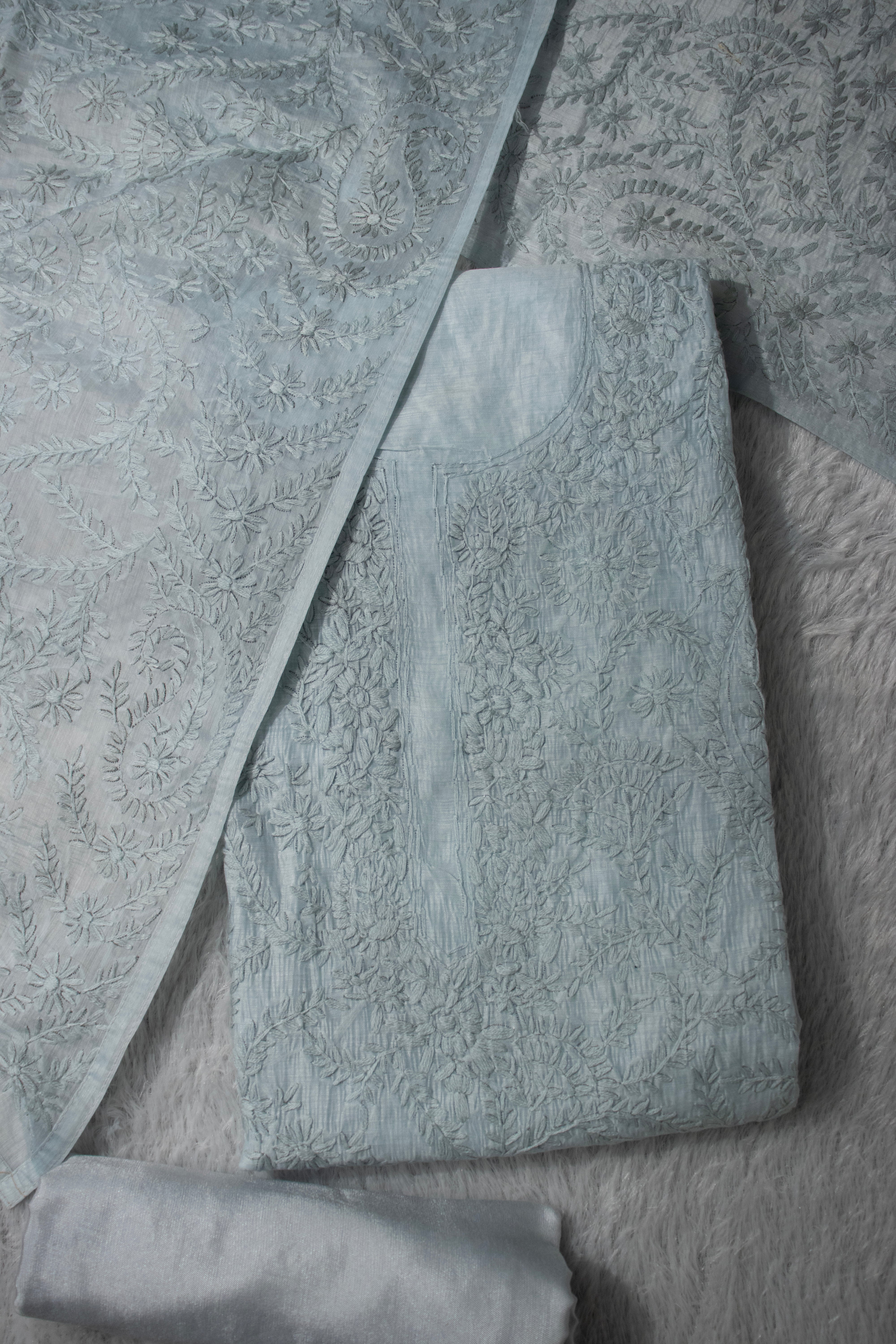 Ivory self floral chanderi cotton embroidered unstitched suit set