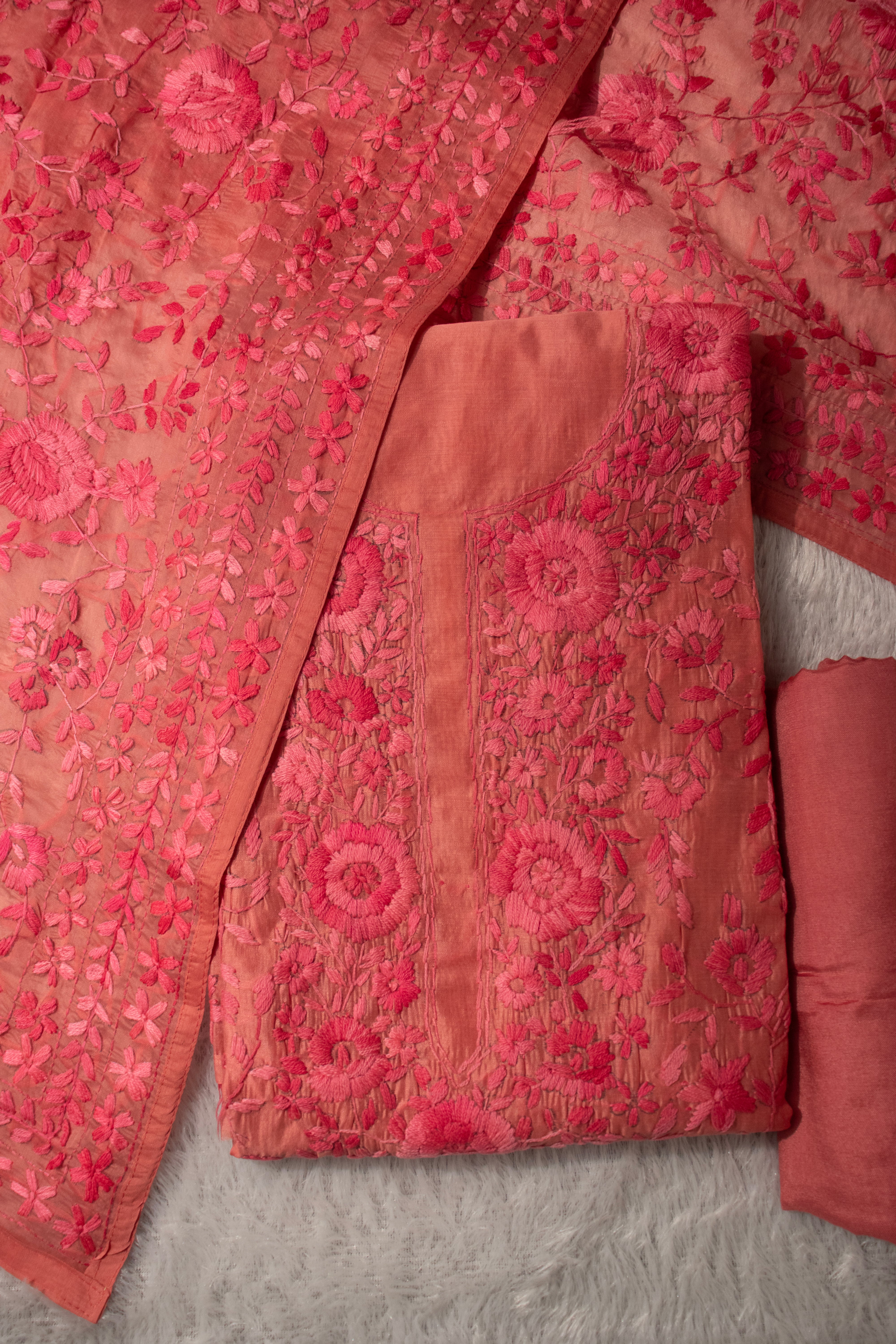 Blush pink self floral chanderi cotton embroidered unstitched suit set