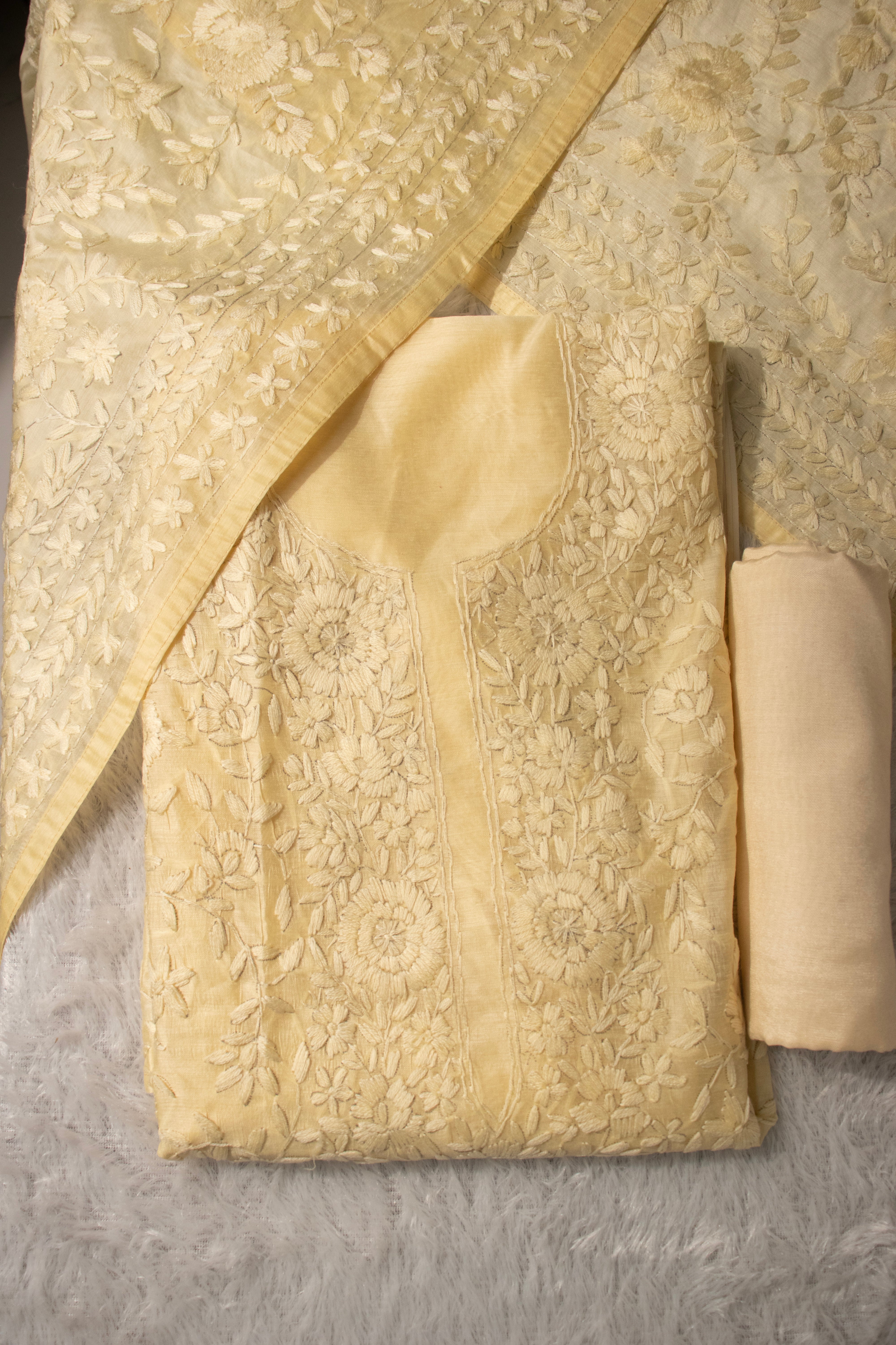 Beige self floral chanderi cotton embroidered unstitched suit set