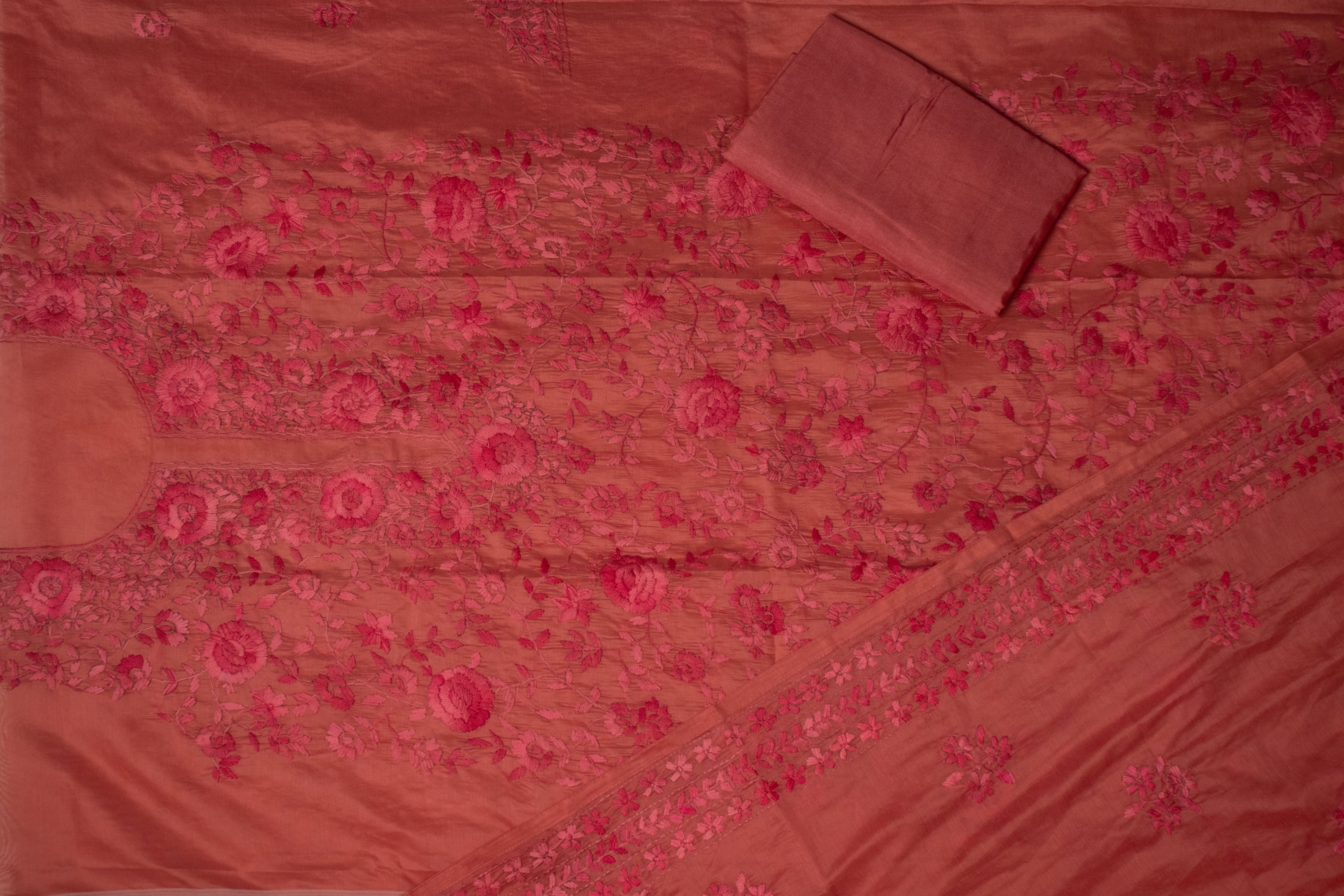 Blush pink self floral chanderi cotton embroidered unstitched suit set