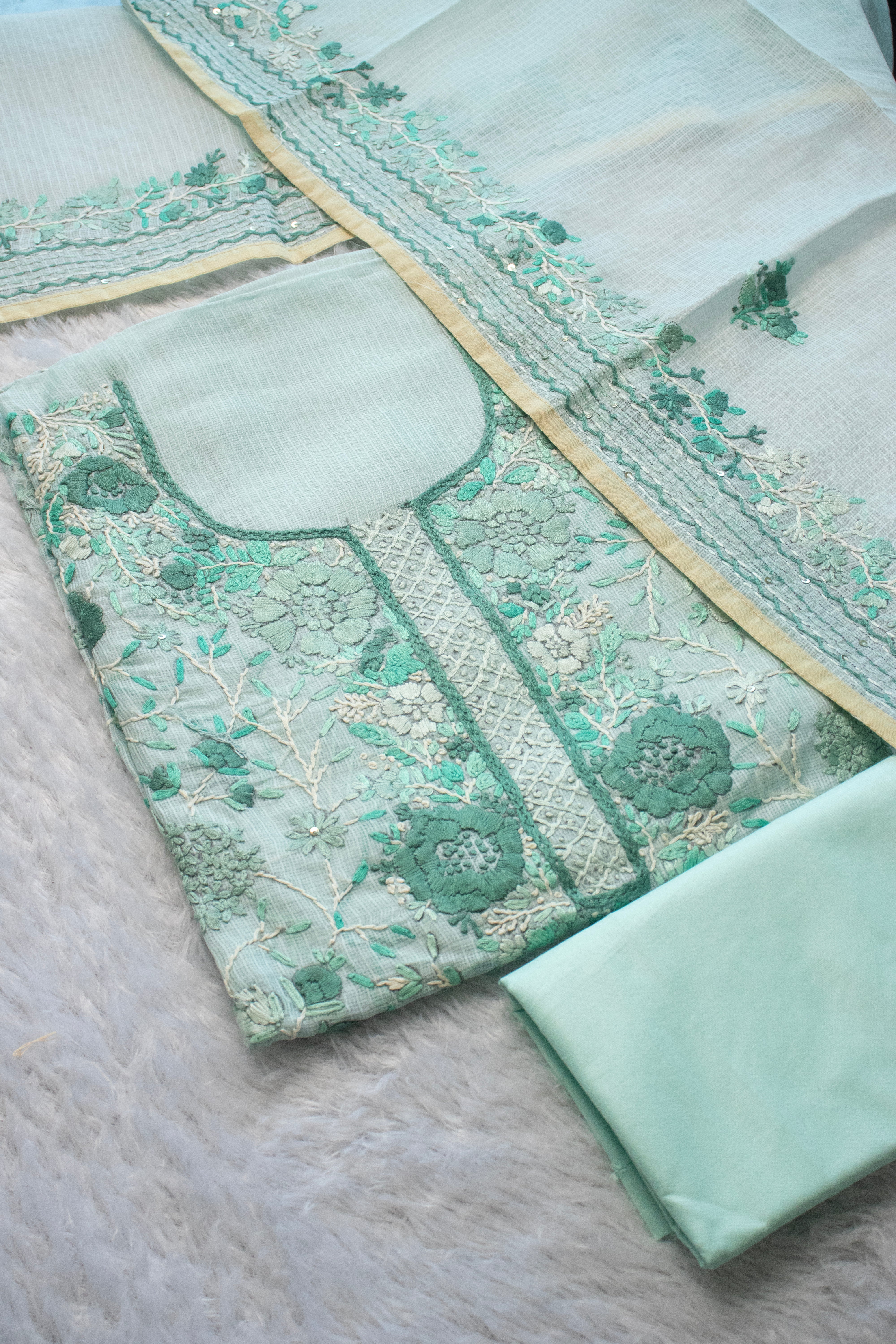 Mint Muslin Aari Embroidered Suit