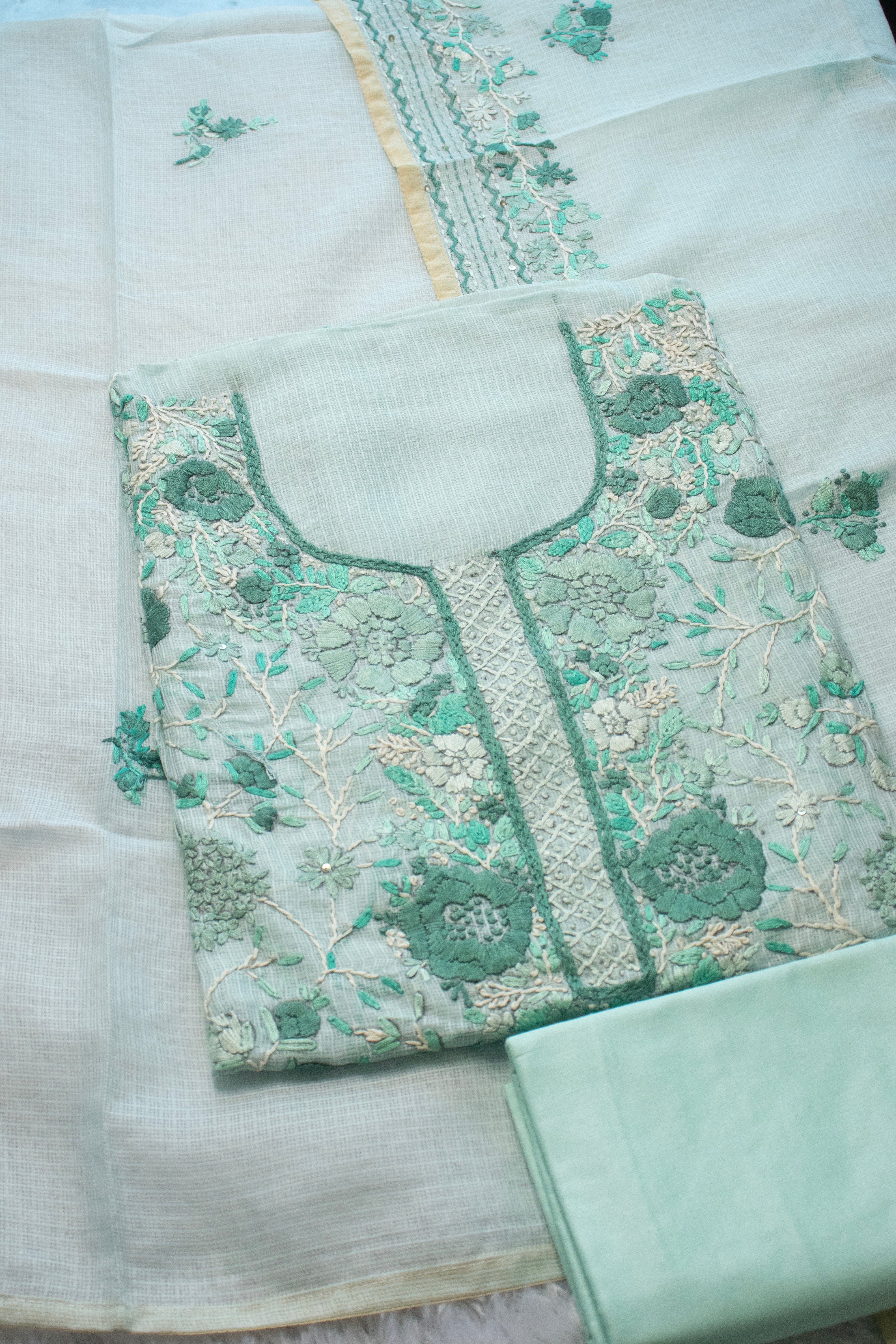 Mint Muslin Aari Embroidered Suit