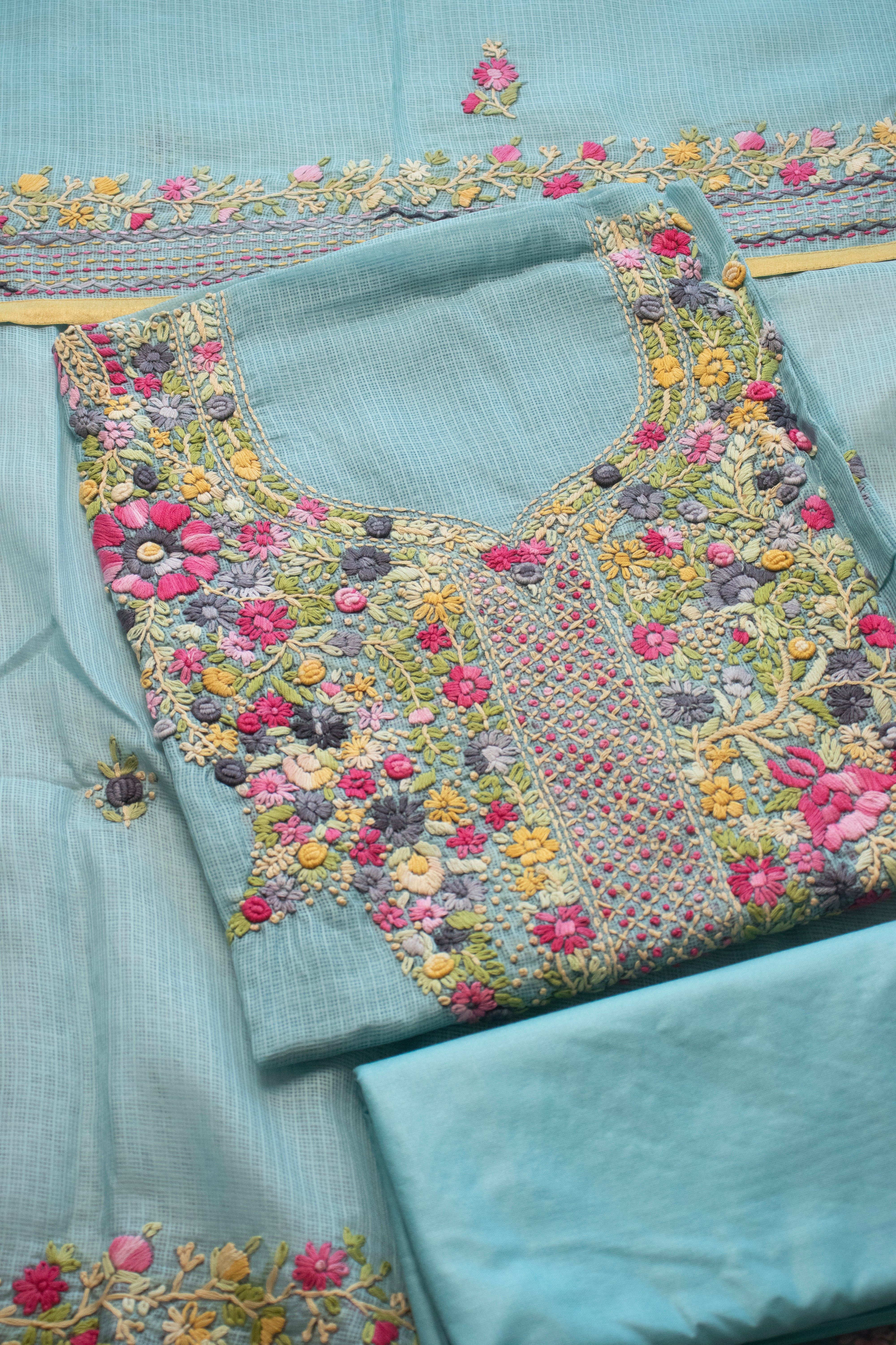 Teal Muslin Aari Embroidered Suit (Unstitched)