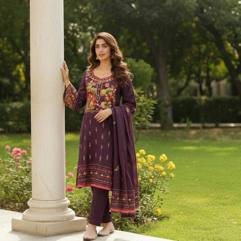 The 'Jamuni' Aubergine Meadow unstitched Suit