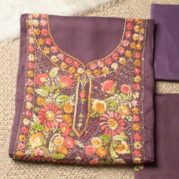 The 'Jamuni' Aubergine Meadow unstitched Suit
