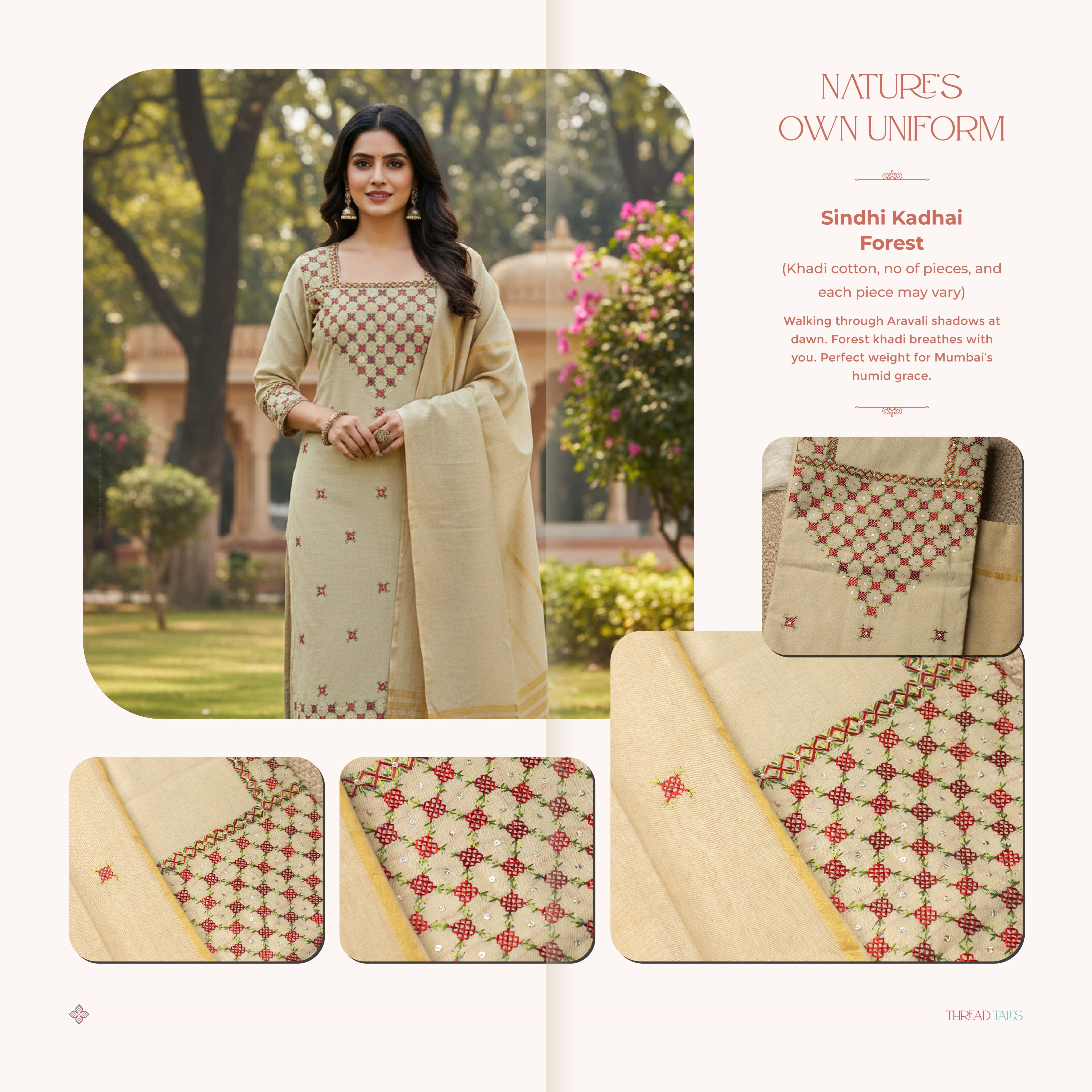 Sindhi Kadhai embroidered red and white unstitched suit