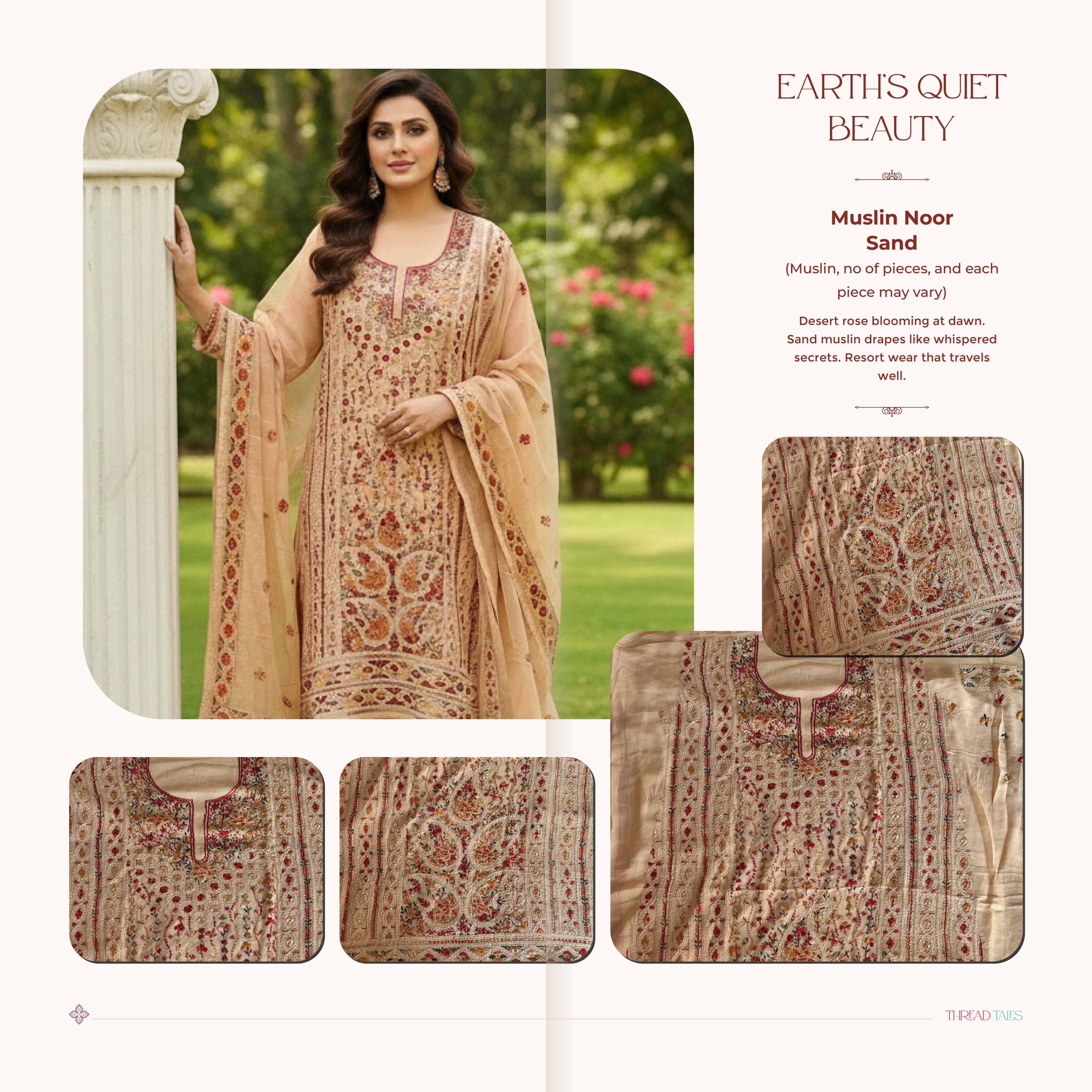 Muslin noor embroidered beige unstitched suit