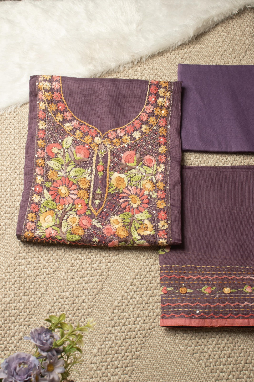 guluband neckline embroidered Jamuni unstitched suit