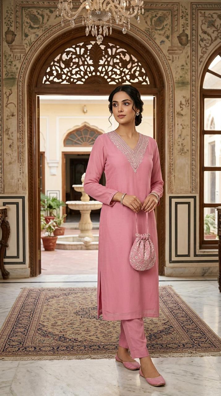Blush Pink Embroidered Muslin Co-Ord Suit Set